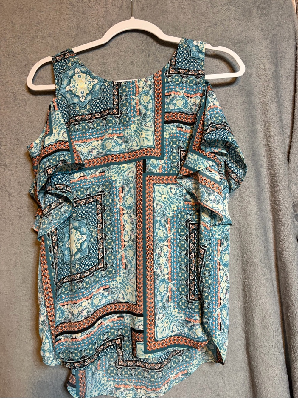 A. Byer Teal and Coral Paisley Cold-Shoulder Ruffle Top